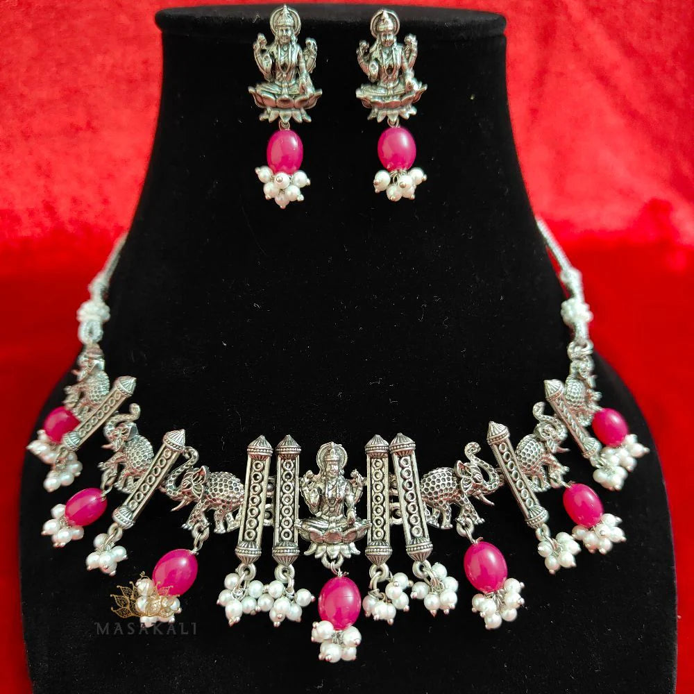 Beaded Goddess Laxmi Choker Necklace Set, Ruby