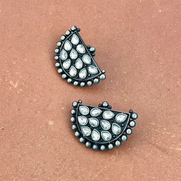 Black Polish Oxidised Antique Half Moon Stud Earrings