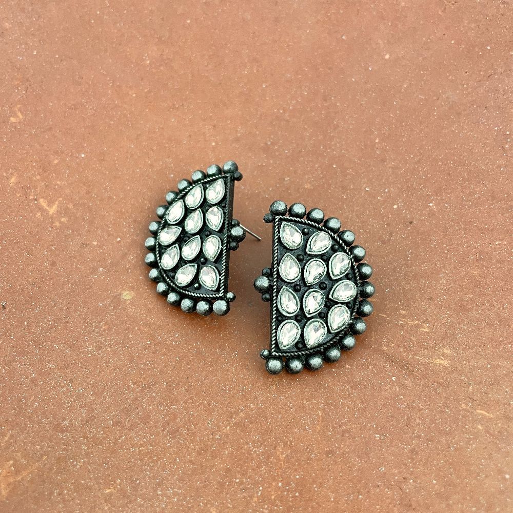 Black Polish Oxidised Antique Half Moon Stud Earrings