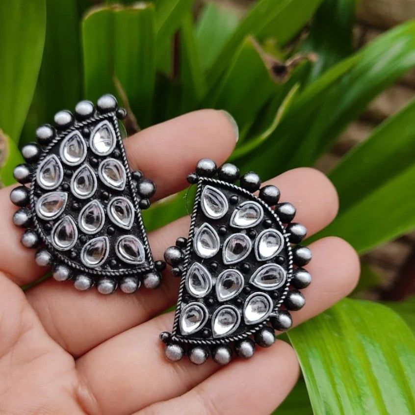 Black Polish Oxidised Antique Half Moon Stud Earrings