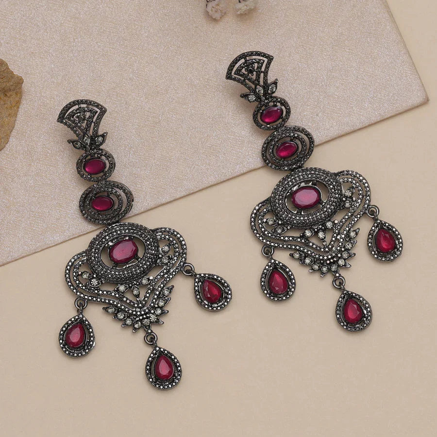 Black & Silver Plated Glass Stone Studded Dangler Earrings, Rani