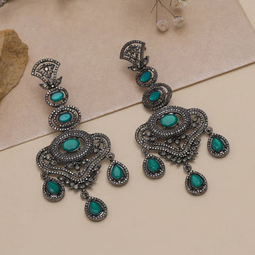 Black & Silver-Toned Green Glass Stone-Studded Dangler Earrings