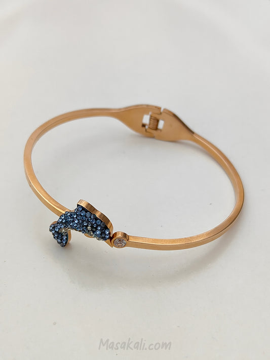 Blue Whale Design Kada, Fish Shape Blue Stone Rose Gold Bracelet, Anti Tarnish (MTAR1020)