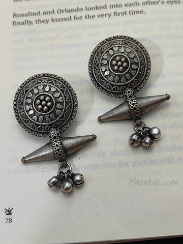 Boho Vintage Silver Lookalike Earrings, Brass Oxidized Ghungroo Earrings (MKMH1007)
