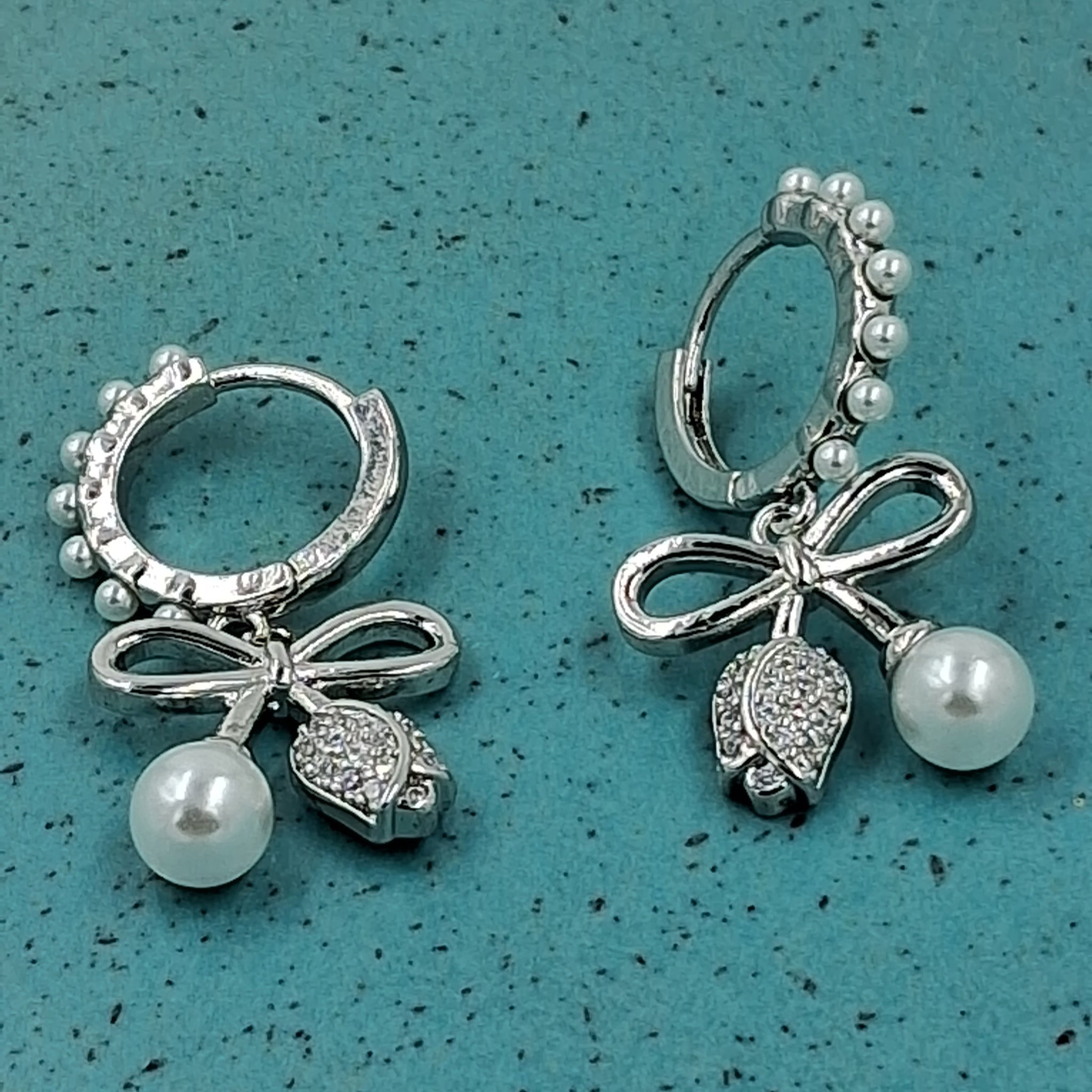 Bowknot Earrings, Faux Pearl Bowknot Drop, Silver Ear Hoops Jewellery Gift (MTAR1011)