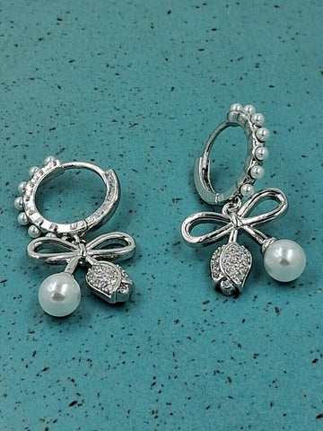 Bowknot Earrings, Faux Pearl Bowknot Drop, Silver Ear Hoops Jewellery Gift (MTAR1011)