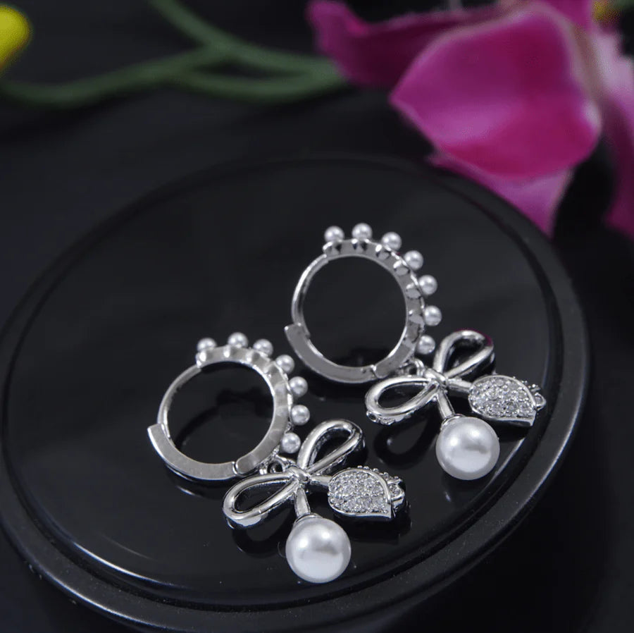 Bowknot Earrings, Faux Pearl Bowknot Drop, Silver Ear Hoops Jewellery Gift (MTAR1011)