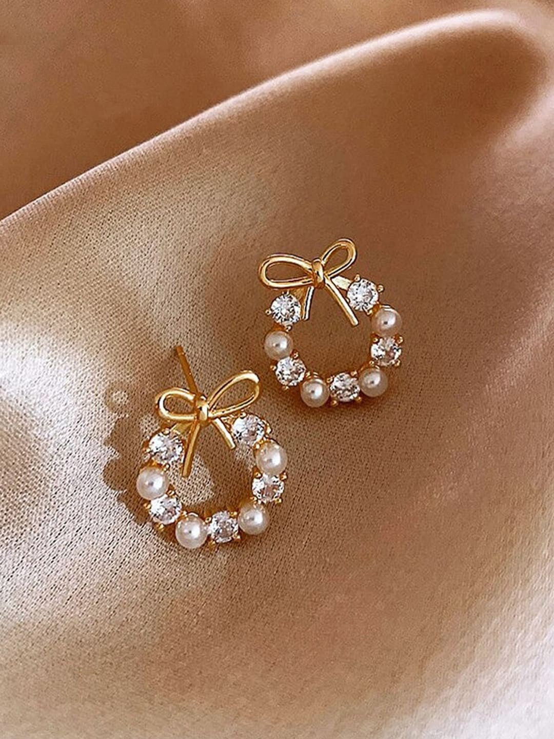 Bowknot Gold Toned Pearl Earrings CZ Stone Studded Drop Korean Rhinestone Earrings (MURB1008)