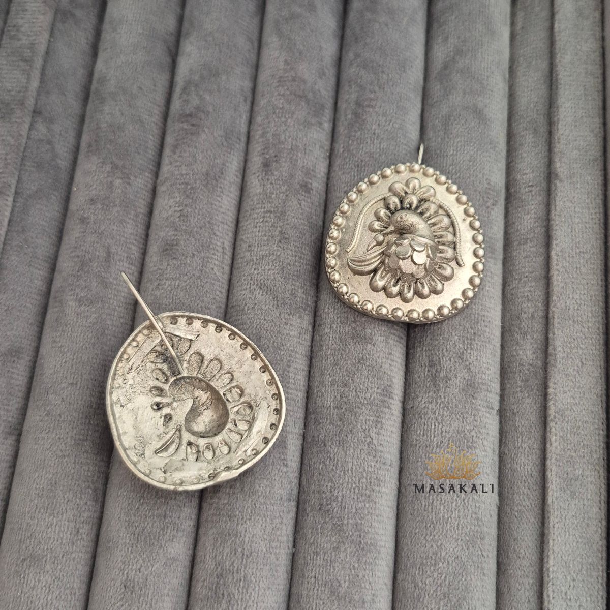 Brass Silver Oxidised Peacock Drop Earrings