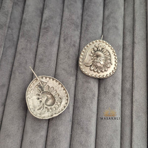 Brass Silver Oxidised Peacock Drop Earrings