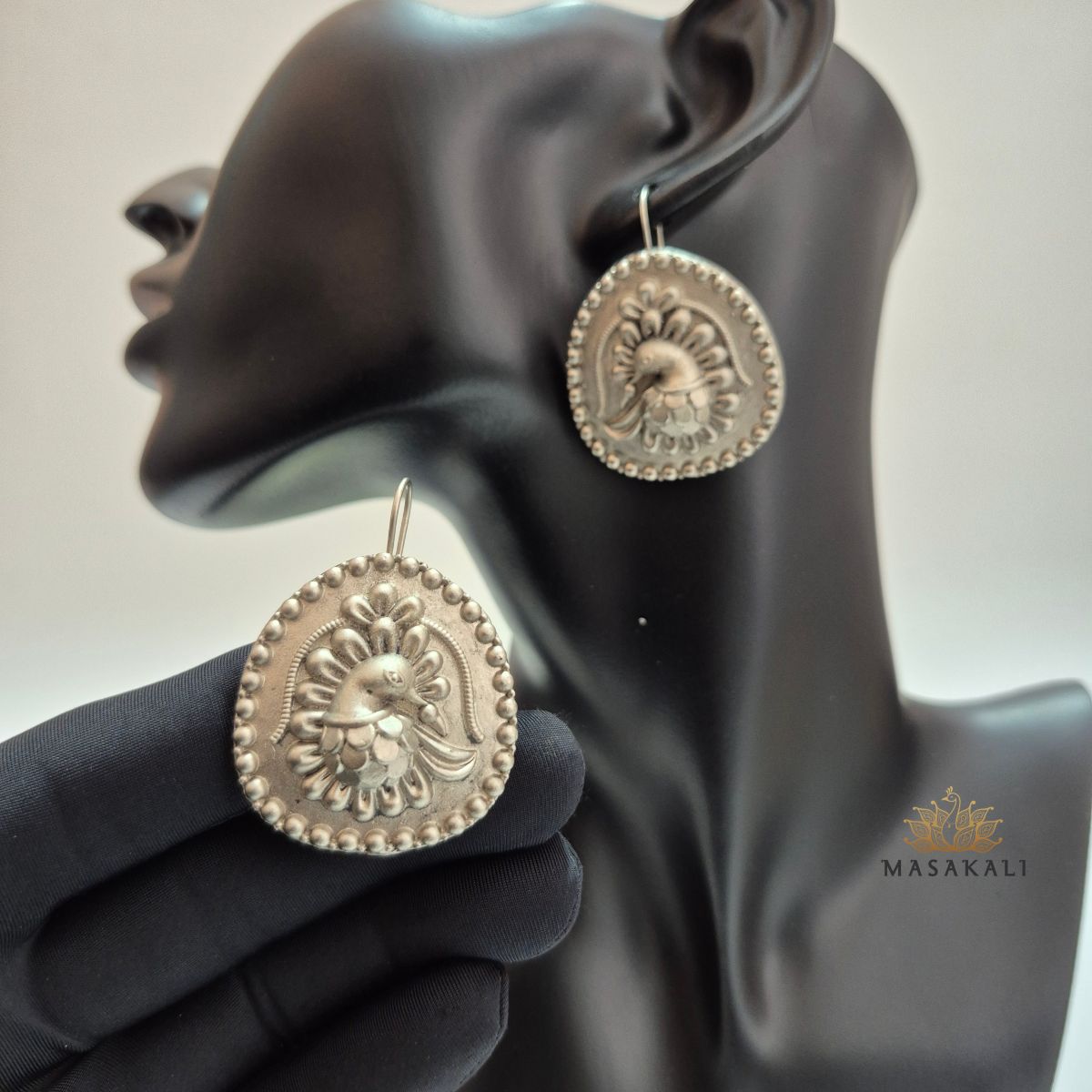 Brass Silver Oxidised Peacock Drop Earrings