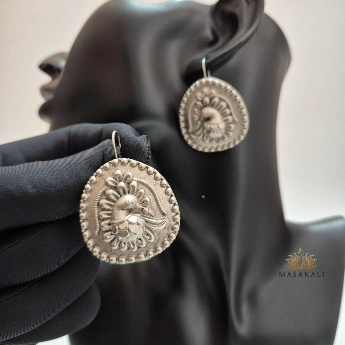 Brass Silver Oxidised Peacock Drop Earrings
