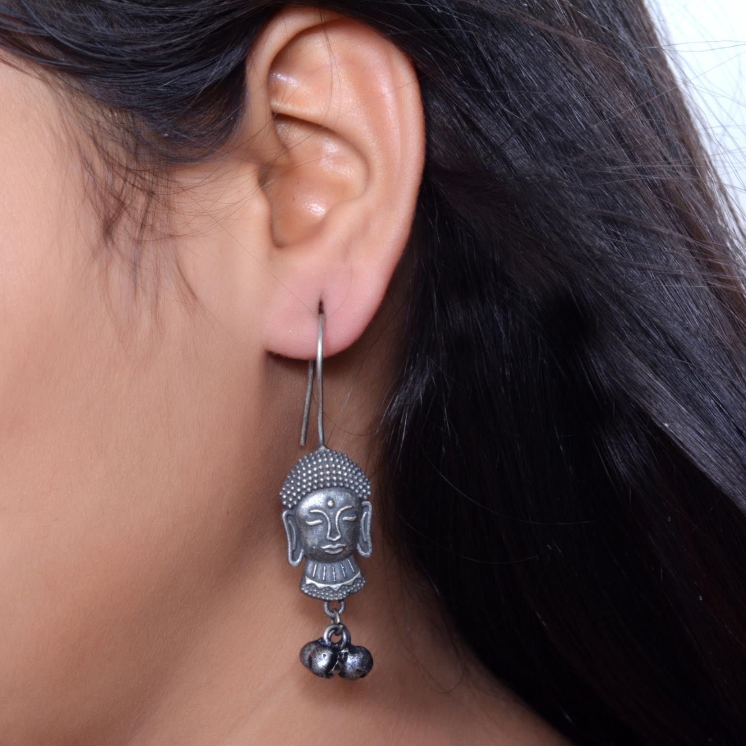 Buddha Face Oxidised Jhumki, Indian Spiritual Earrings With Ghungroos