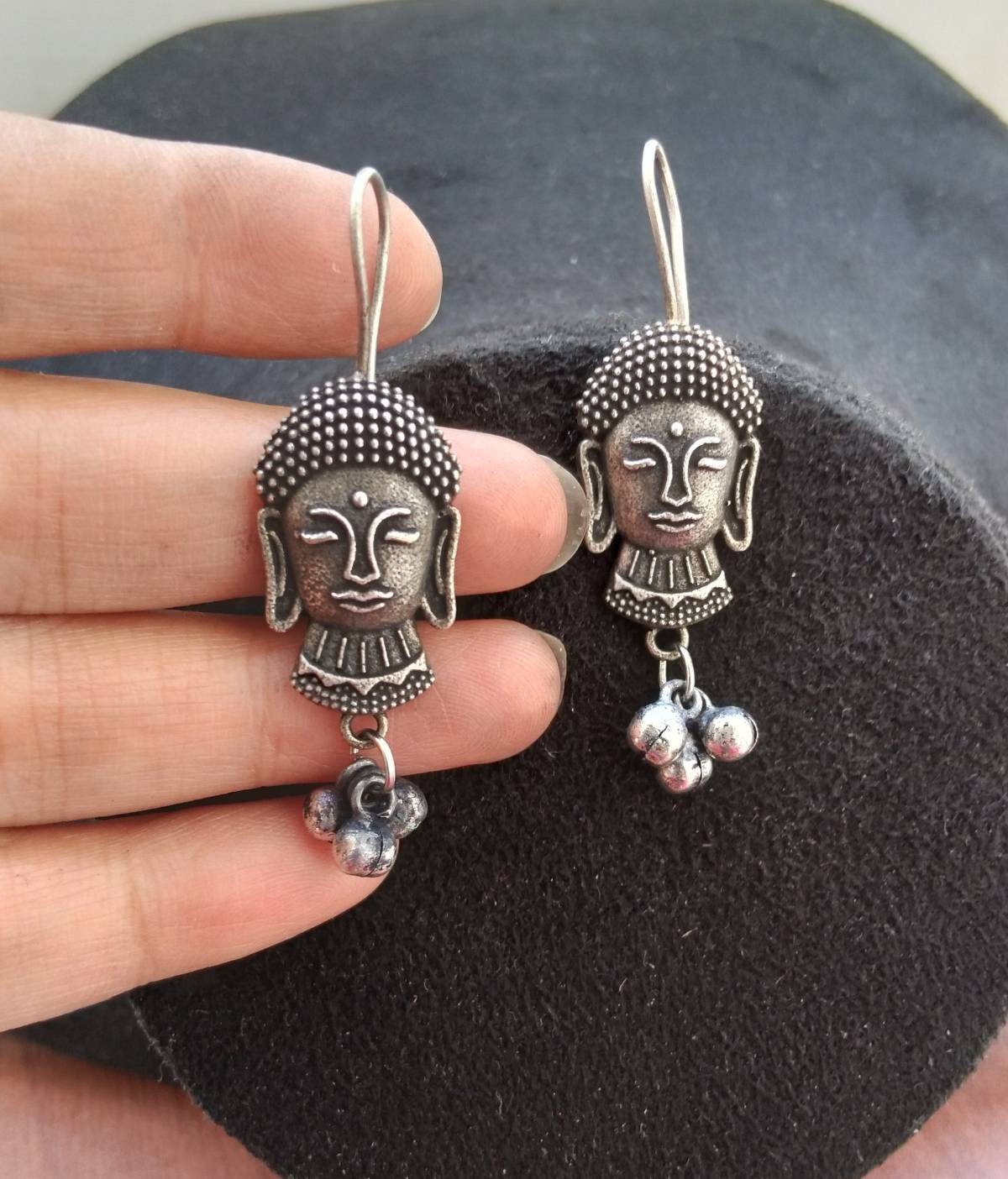 Buddha Face Oxidised Jhumki, Indian Spiritual Earrings With Ghungroos