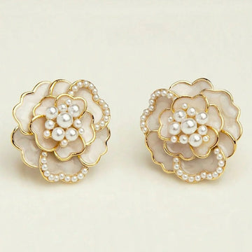 Camellia Flower Shaped Pearl Studded Korean Earrings