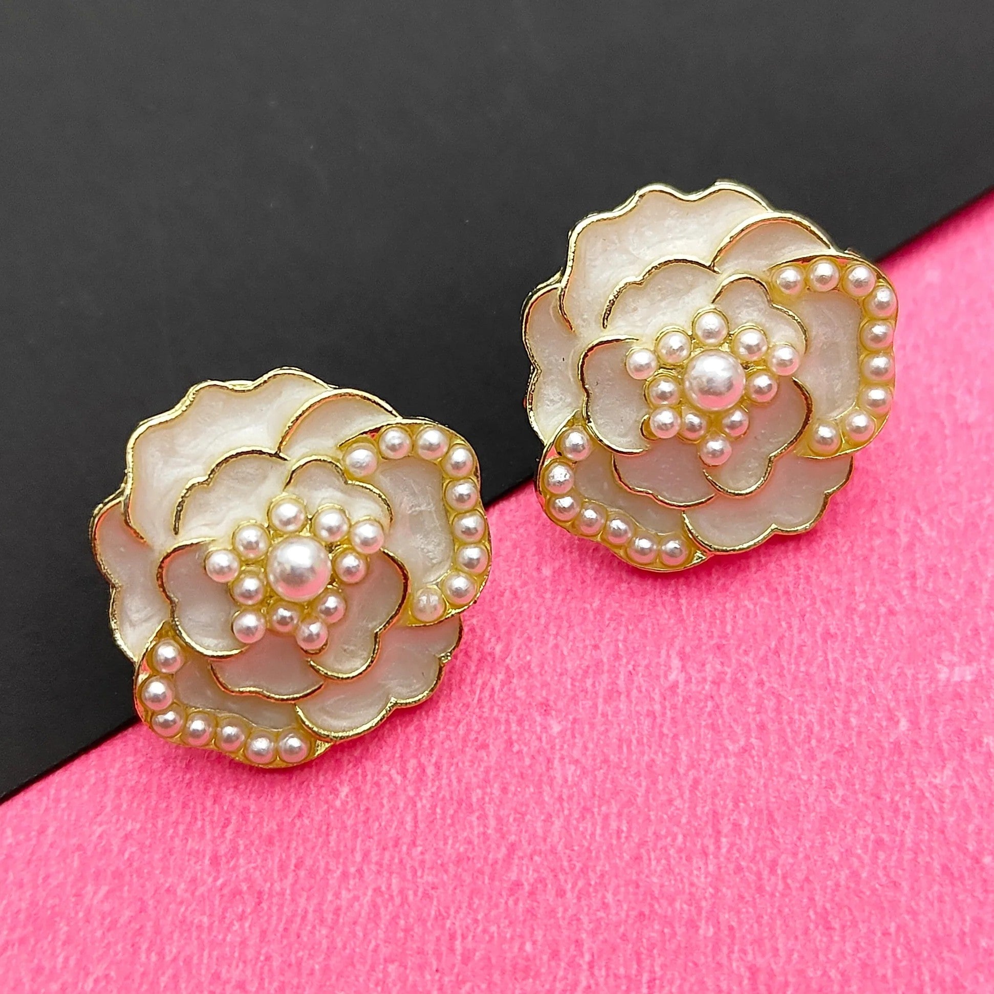 Camellia Flower Shaped Pearl Studded Korean Earrings