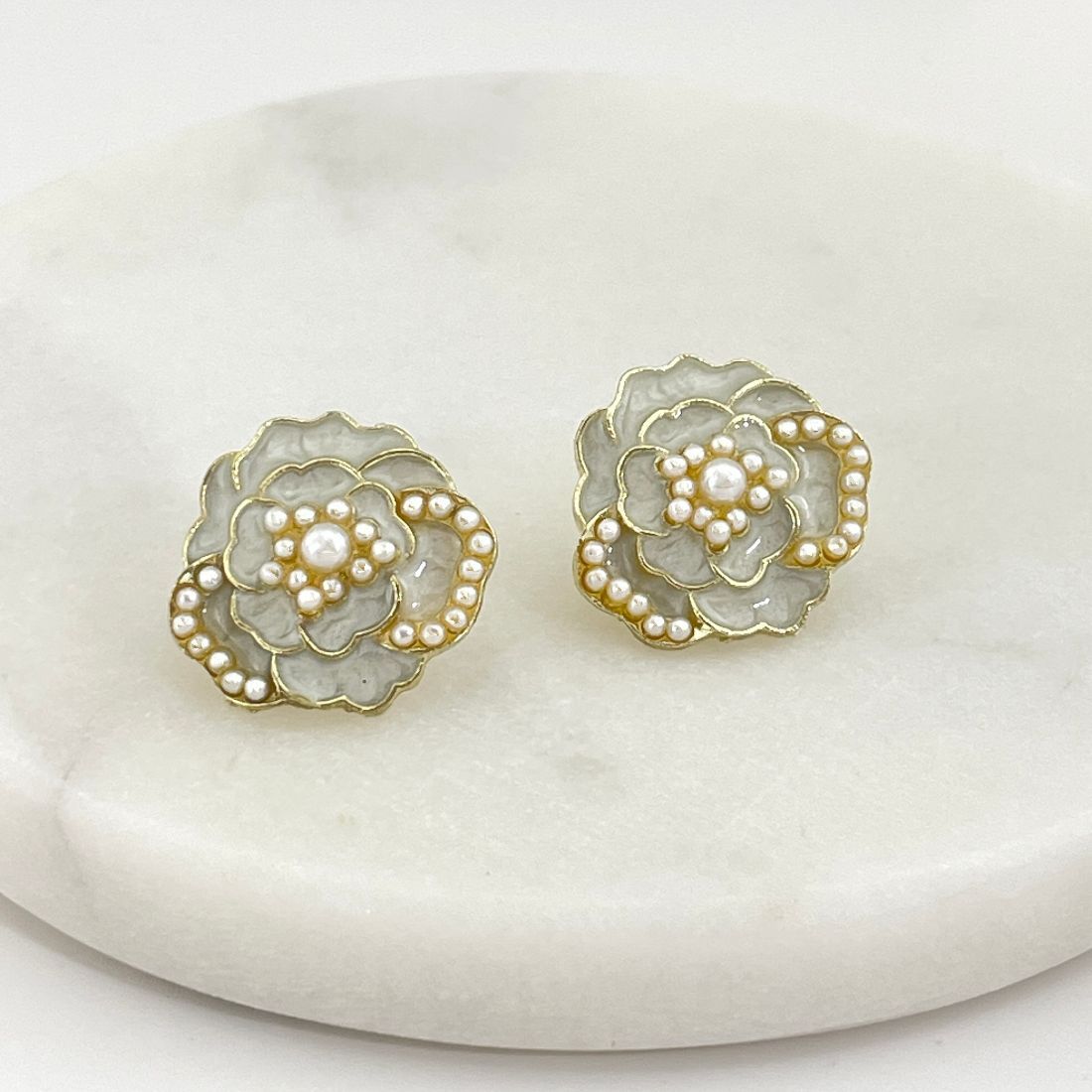 Camellia Flower Shaped Pearl Studded Korean Earrings