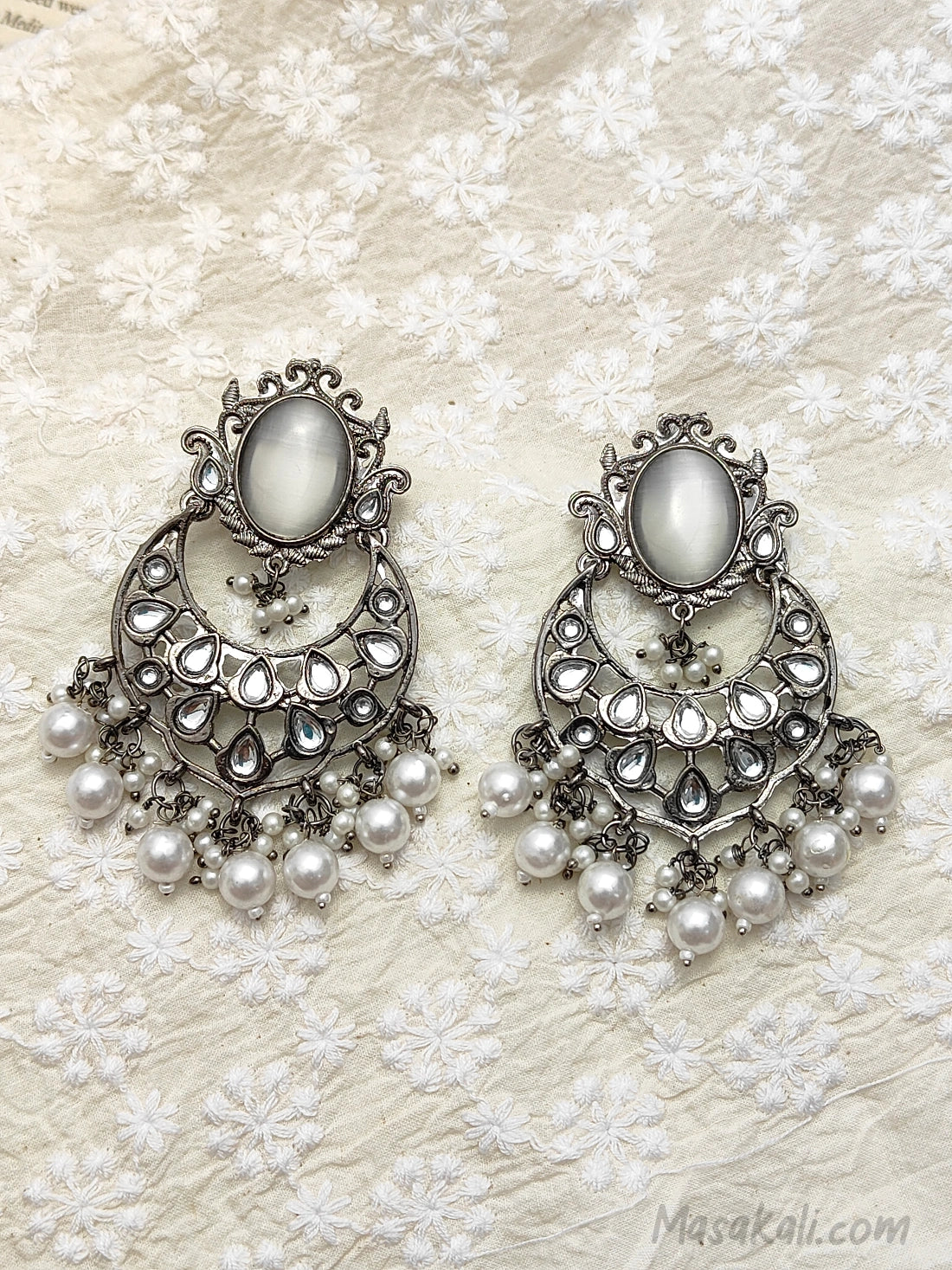 Chandbali Pearls Kundan Stone Jhumka, Silver Replica Moti Monalisa Earrings (MKHU1003)