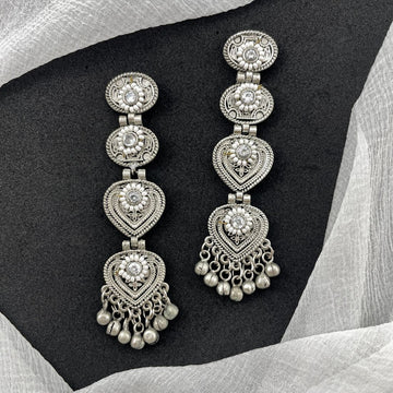 Chandelier Style Silver-Toned Pearl & Stones Embellished Dangler Earrings