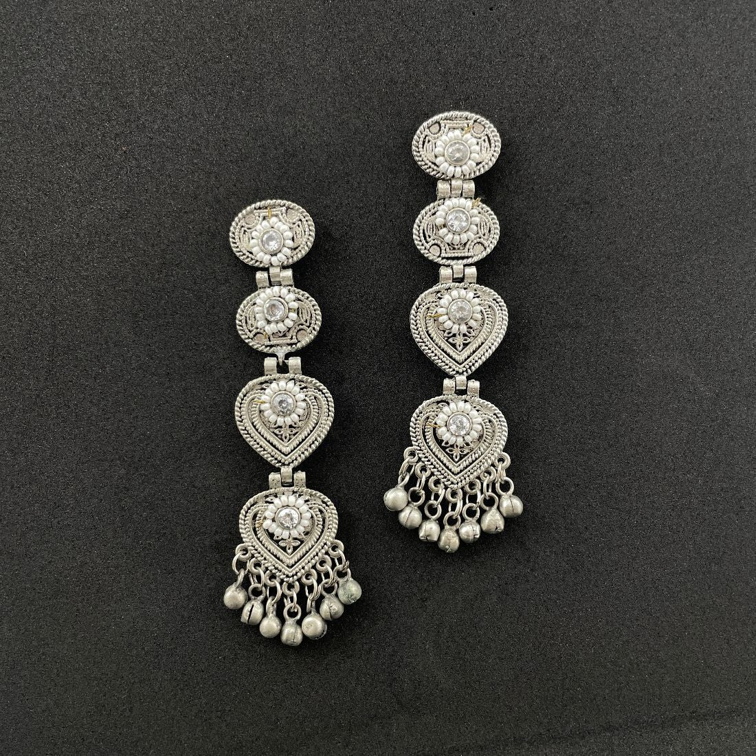 Chandelier Style Silver-Toned Pearl & Stones Embellished Dangler Earrings