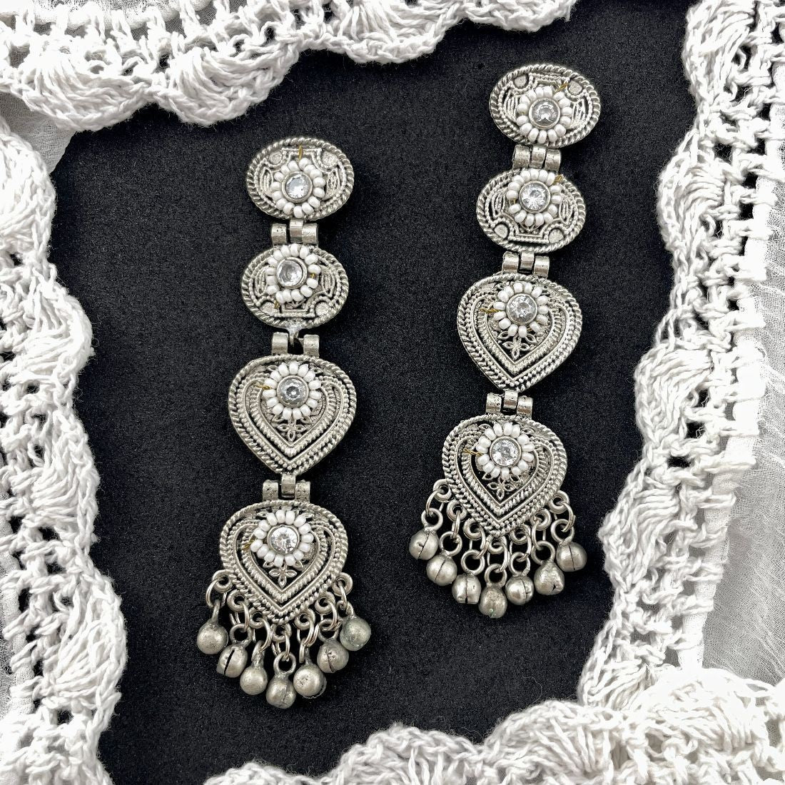 Chandelier Style Silver-Toned Pearl & Stones Embellished Dangler Earrings