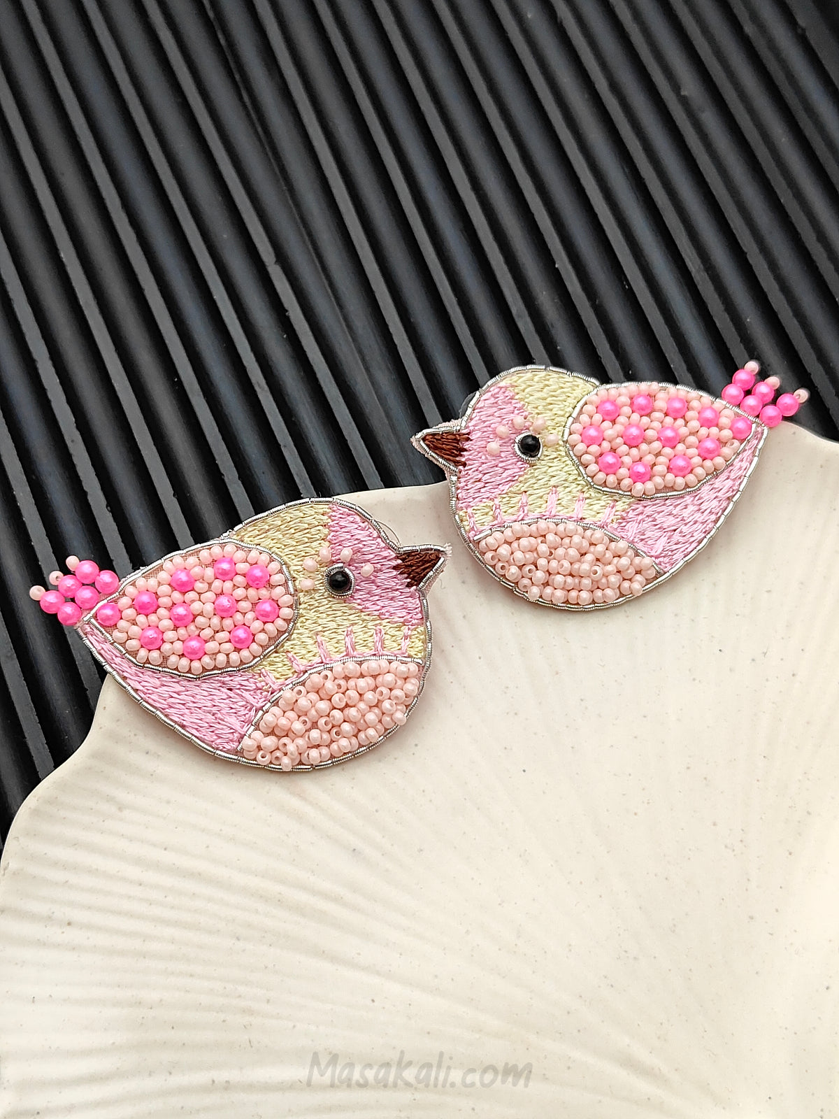Chiraiya Bird Design Embroidery Earrings Quirky Beaded Stud Handmade Sparrow Earrings