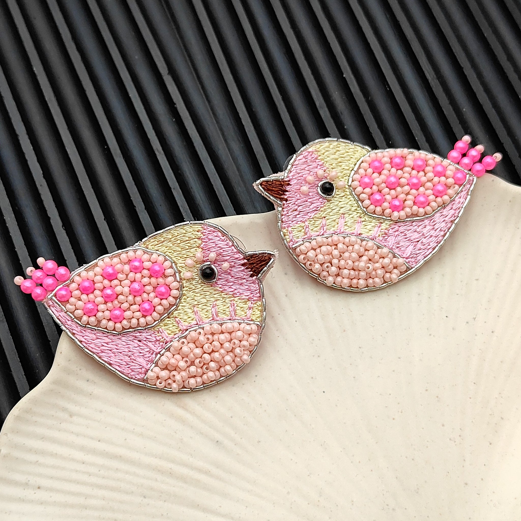 Chiraiya Bird Design Embroidery Earrings Quirky Beaded Stud Handmade Sparrow Earrings (MSAF1001)