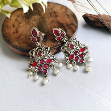 Classic Indian Earrings For Women, Ruby Stone Silver Lookalike Earrings (MDYJ1071)