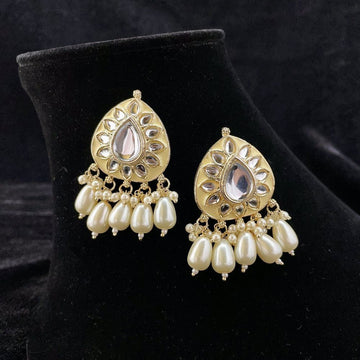 Classic Meenakari White Pearl & Kundan Studded Drop Earrings