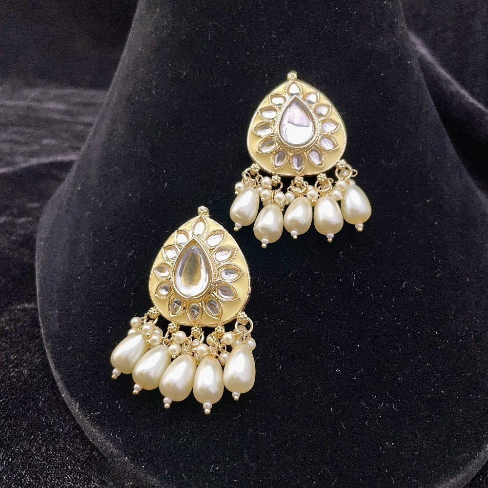 Classic Meenakari White Pearl & Kundan Studded Drop Earrings