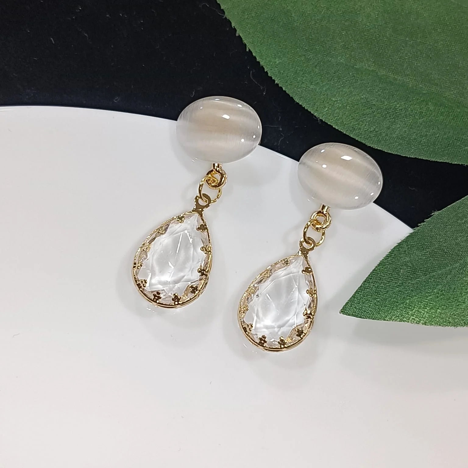 Clear Water-drop Earrings, White Crystal & Pearl Korean Earrings