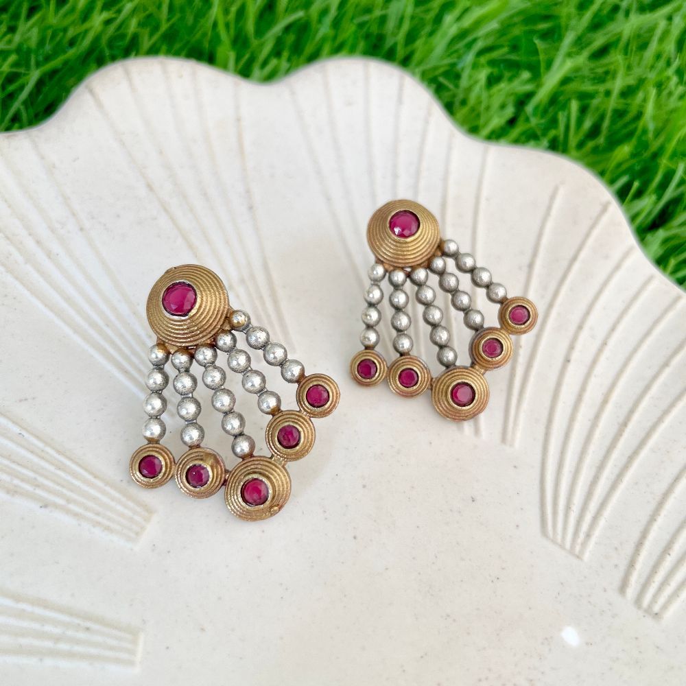 Contemporary Dual-Tone Ruby Studded Drop Earrings
