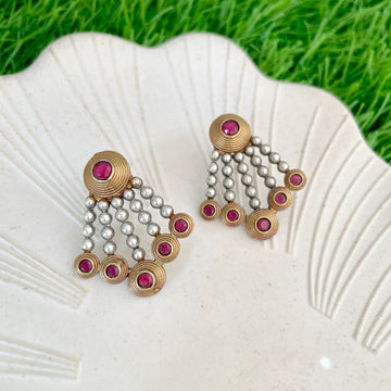 Contemporary Dual-Tone Ruby Studded Drop Earrings