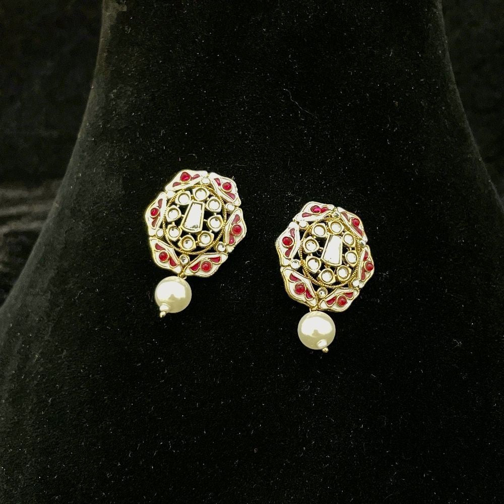 Contemporary Stone-Studded Meenakari Pearl Drop Earrings