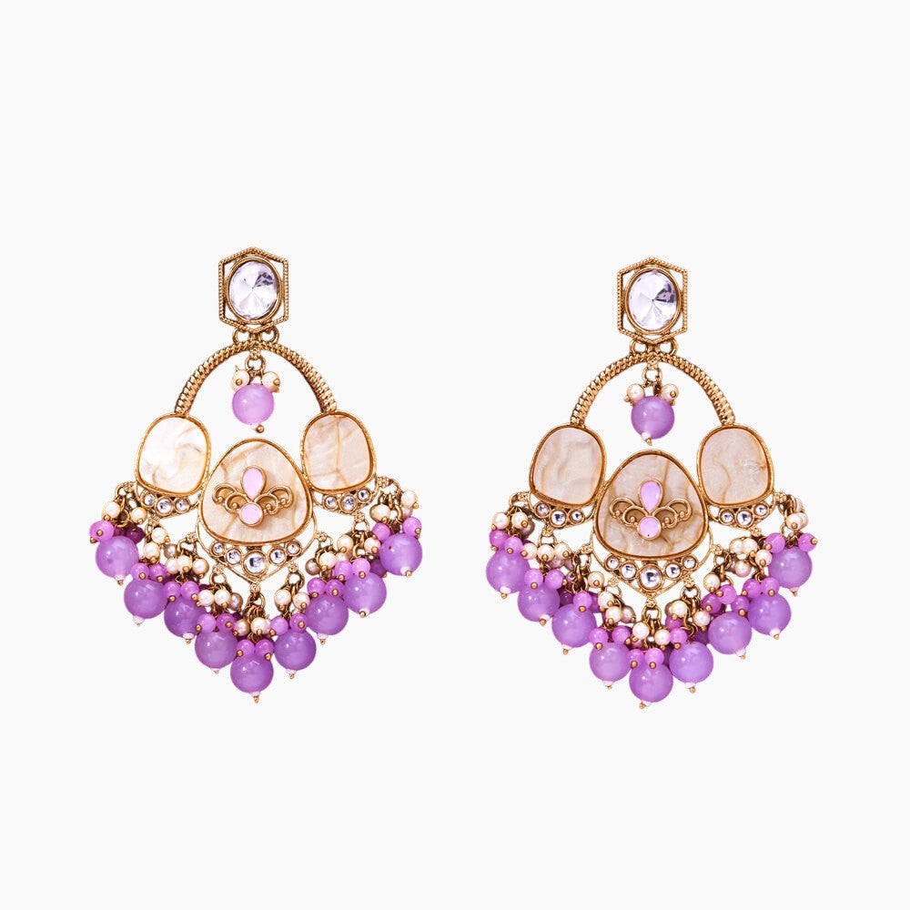 Copper Gold Meenakari Pearl Beaded Dangler Earrings - Light Purple