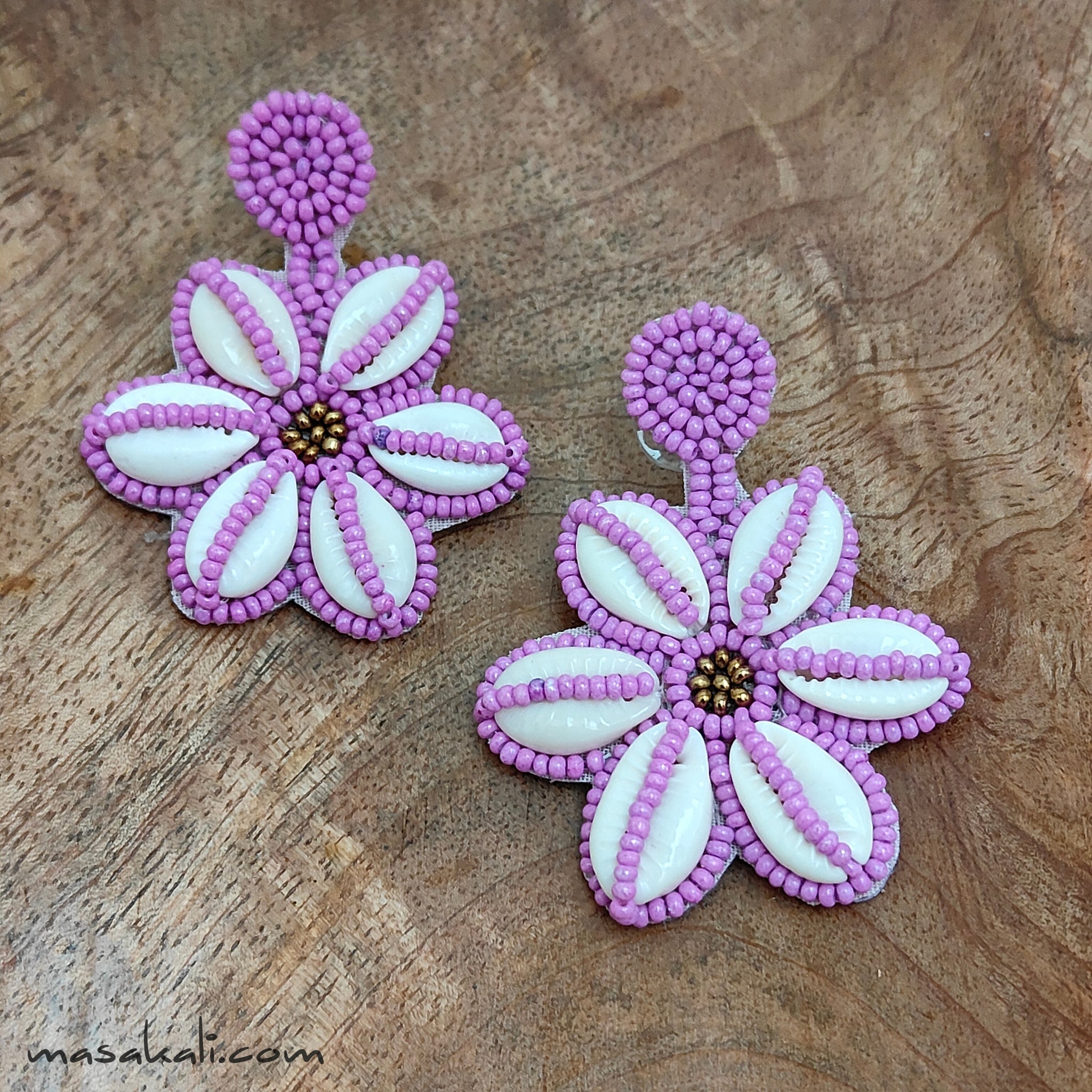Cowrie Shell Earrings, Flower Shaped Beaded Earrings, Purple (MSAF1006)