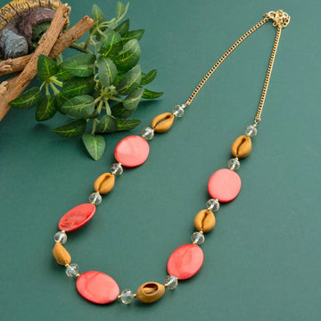 Cowrie Shells Coral Necklace, Crystal Beaded Long Neckpiece (MTAR1024)