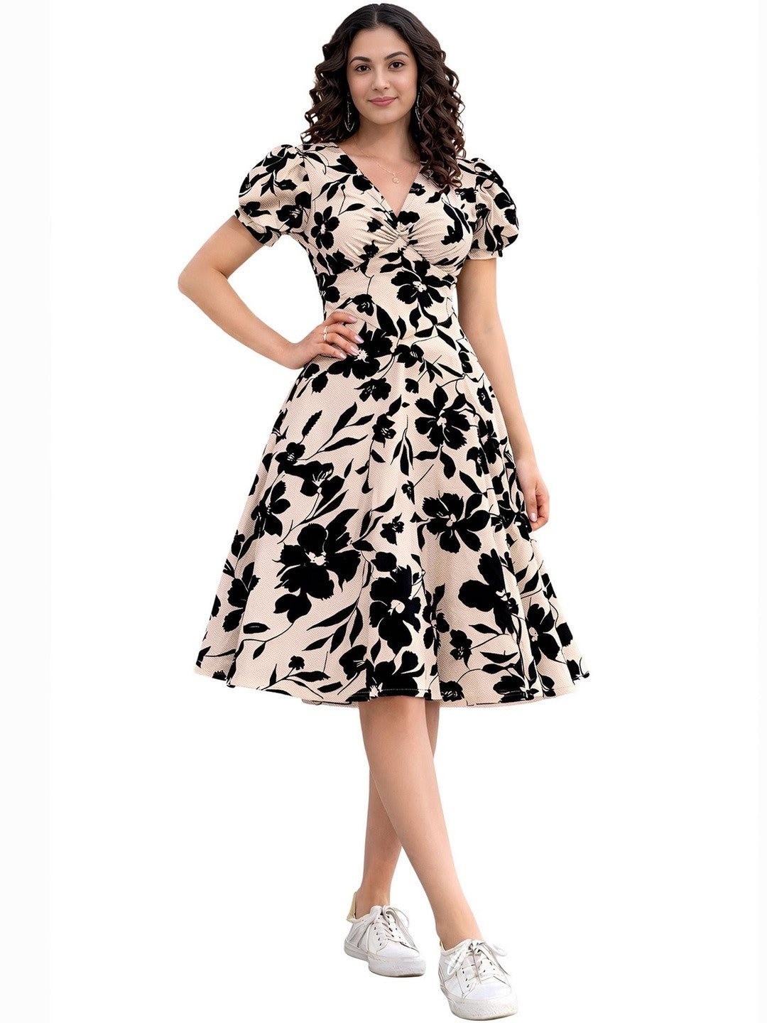 Cream-Coloured Floral Print Puff Sleeve Fit & Flare Dress