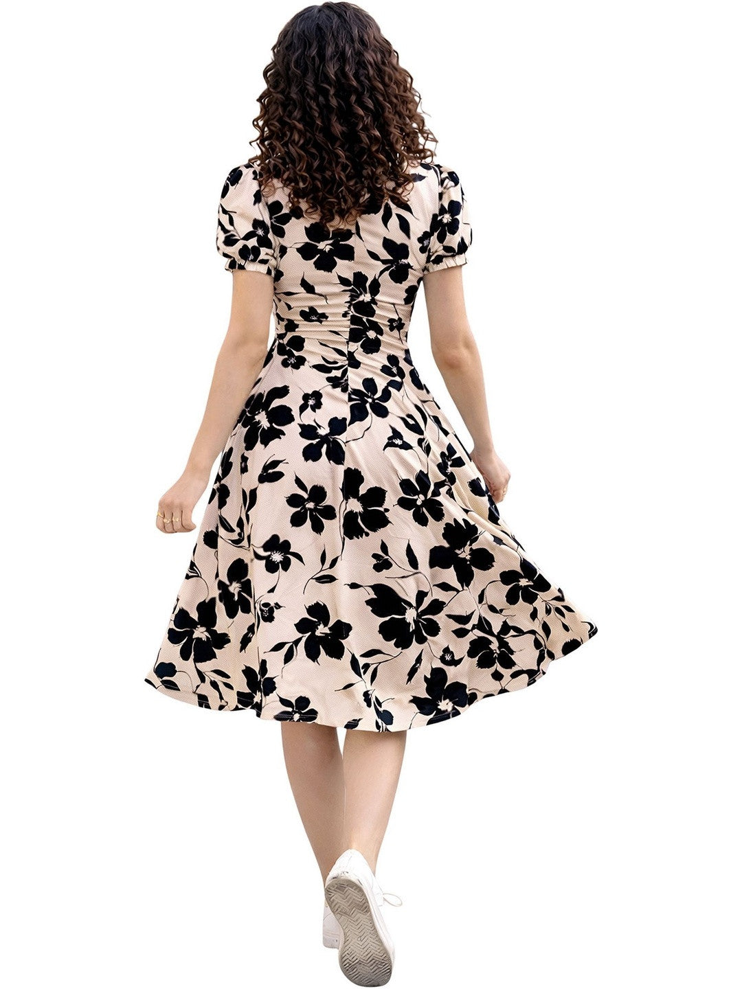 Cream-Coloured Floral Print Puff Sleeve Fit & Flare Dress