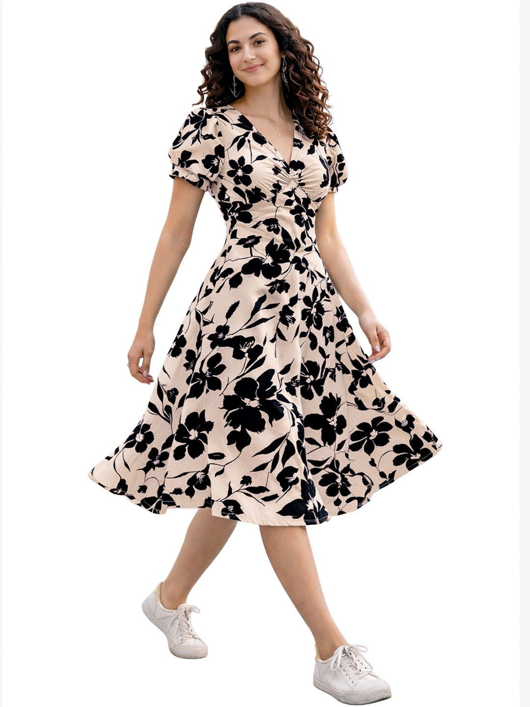 Cream-Coloured Floral Print Puff Sleeve Fit & Flare Dress