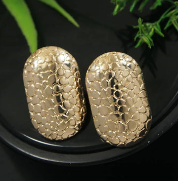 Croc Patterned Ear Studs, Gold Toned Rounded Rectangle Stylish Earrings