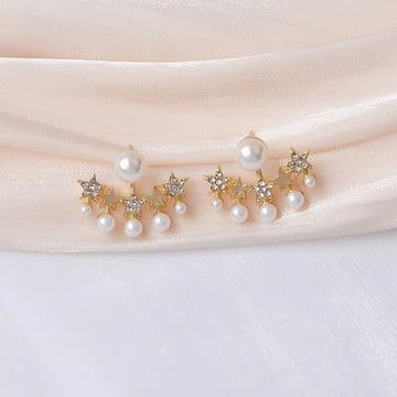 Crystal Star Stud Earrings, Gold-toned Pearl Studded Korean Jewellery, Ear Jacket (MMIN1008)