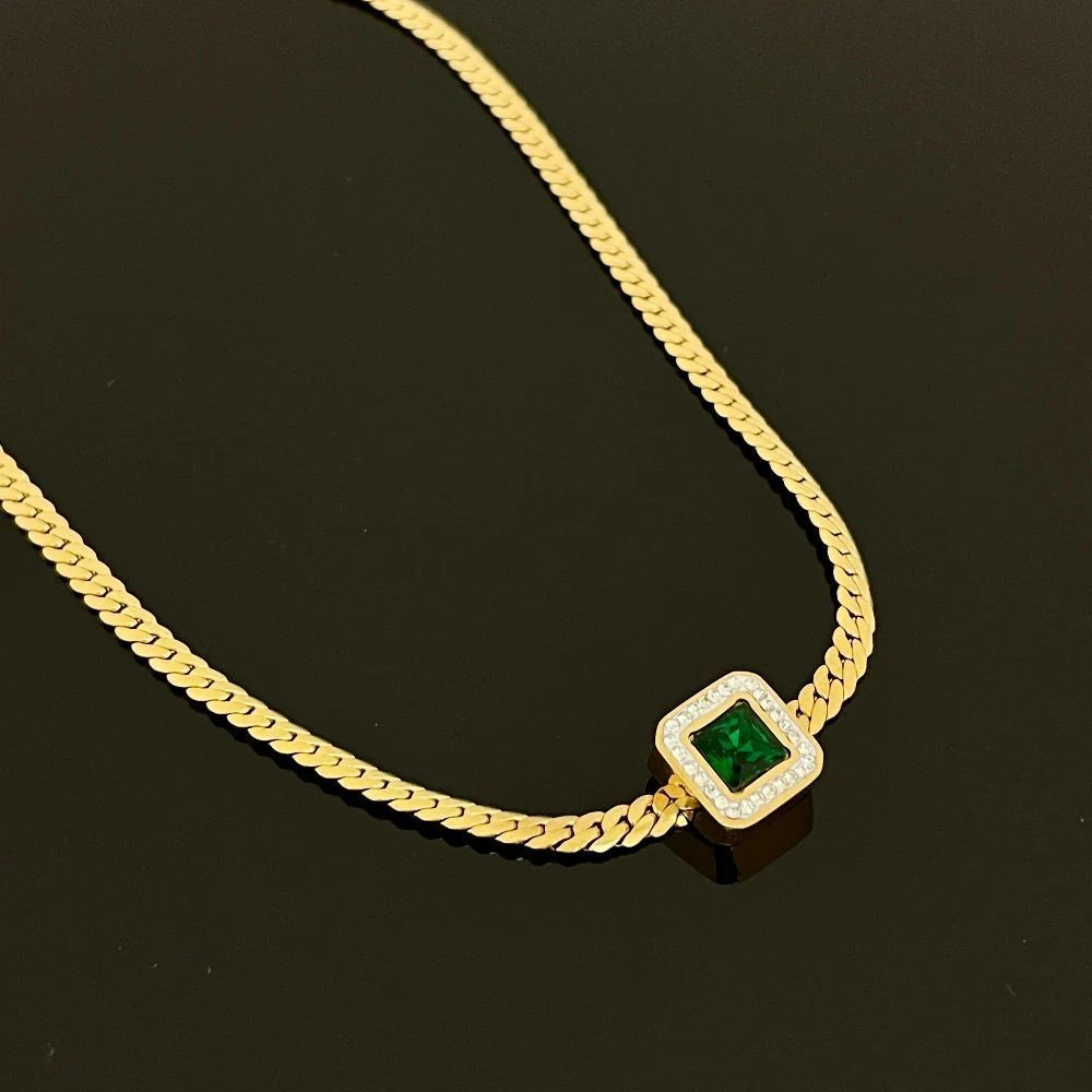 Cubic Zirconia & Green Stone Studded Pendant Necklace