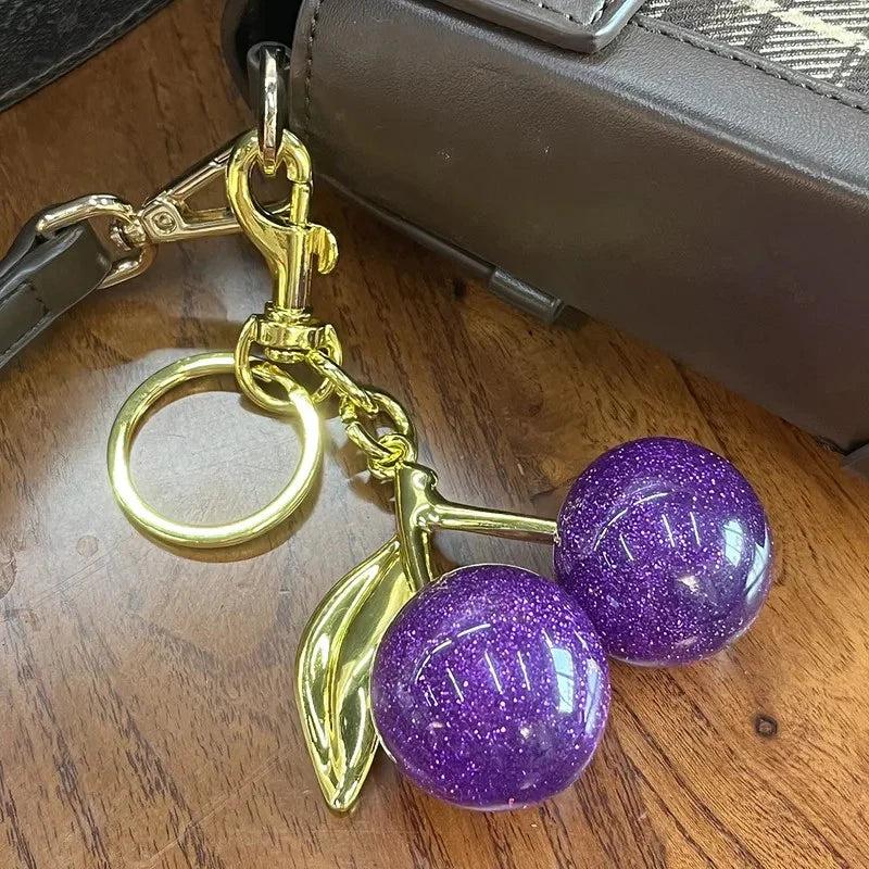 Dark Purple Cherries & Leaf Bag Charm / Keychain
