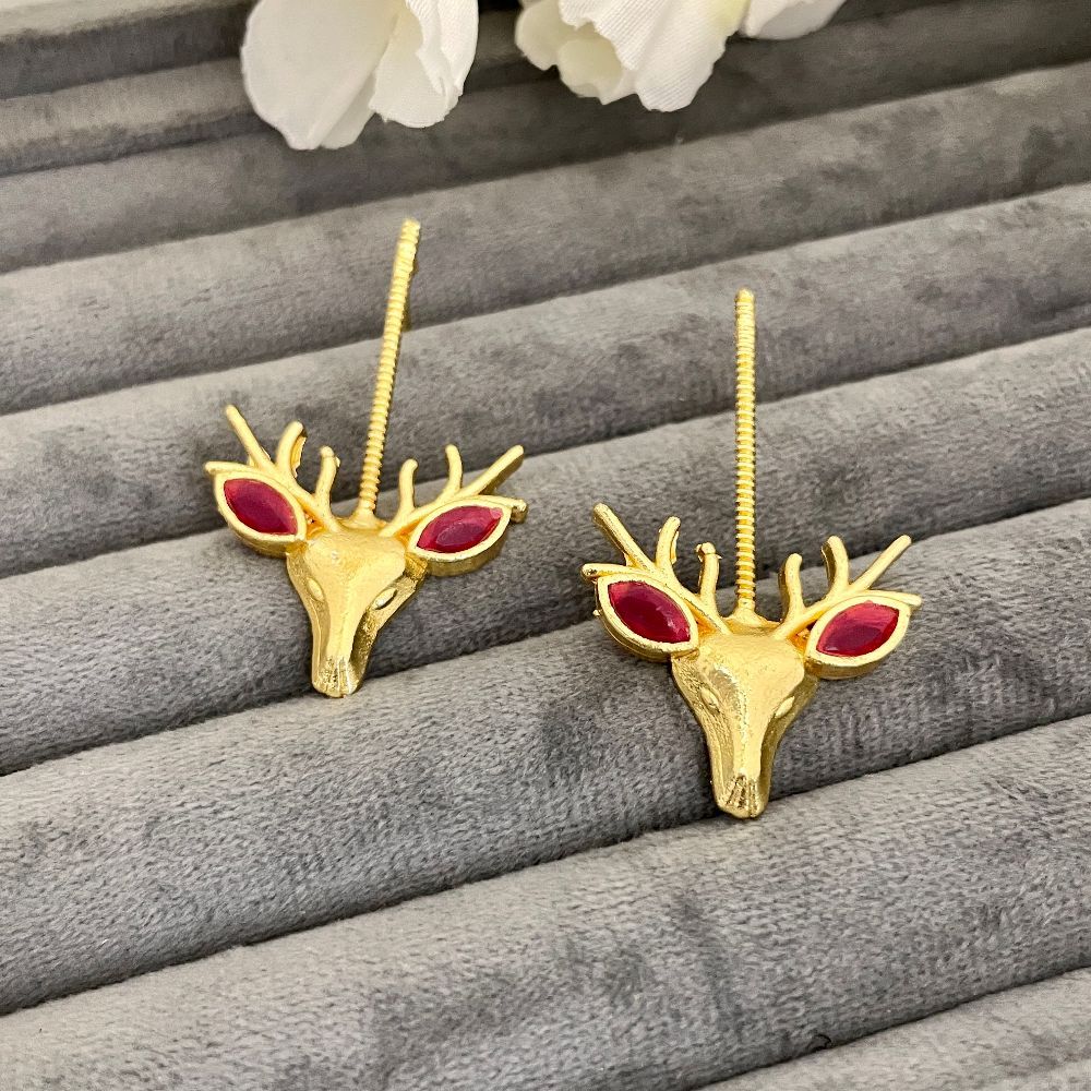 Deer Design Gold-Plated Brass Reindeer Motif Earrings, Red