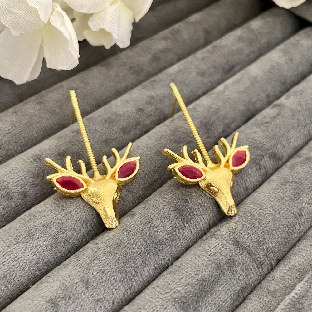 Deer Design Gold-Plated Brass Reindeer Motif Earrings, Red