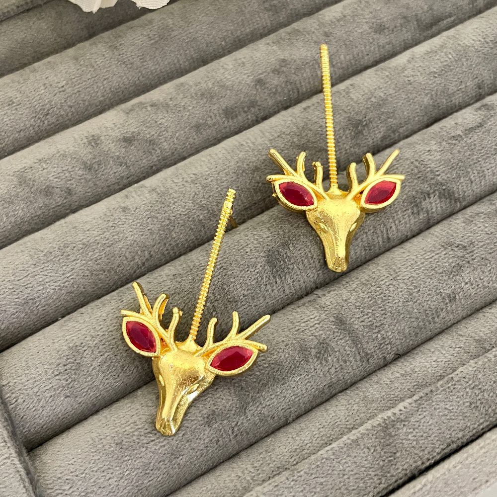 Deer Design Gold-Plated Brass Reindeer Motif Earrings, Red