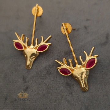 Deer Design Gold-Plated Brass Reindeer Motif Earrings, Red