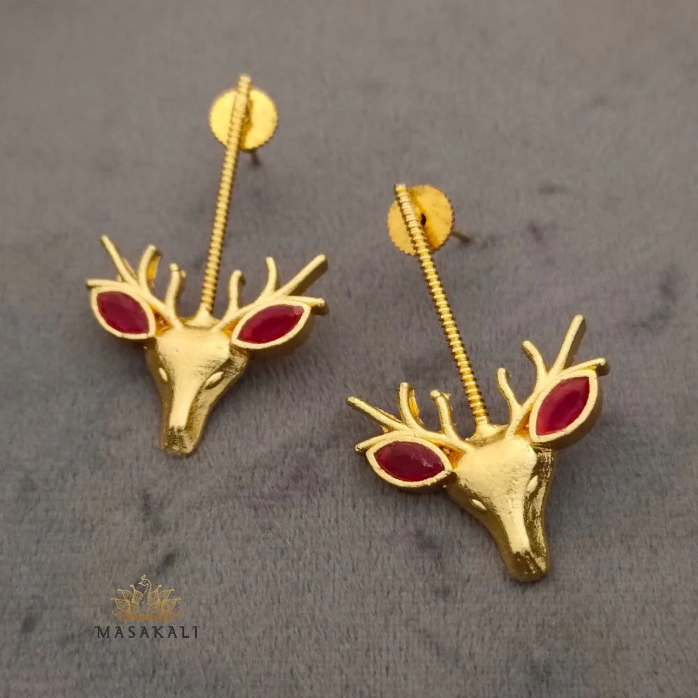 Deer Design Gold-Plated Brass Reindeer Motif Earrings, Red