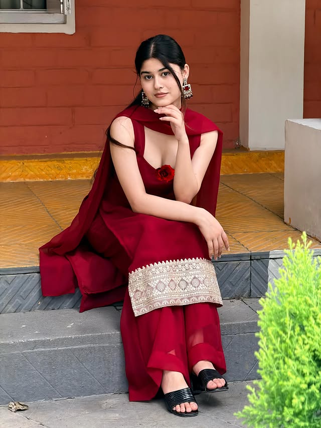 Masakali Designer Embroidered Georgette Palazzo Suit Set (Maroon)
